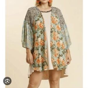 Umgee XL Floral & Animal Print Open Front Kimono Top - Blue/Peach NWOT